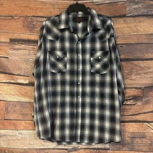 Plains Western Wear Mens XL Blue Black Plaid Pearl Snap Long Sleeve Shirt Cowboy